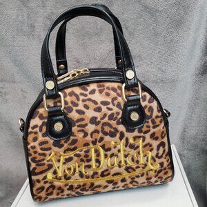 New VON DUTCH Leopard Pony Hair Bowling Bag Satchel Crossbody Handbag Black Logo
